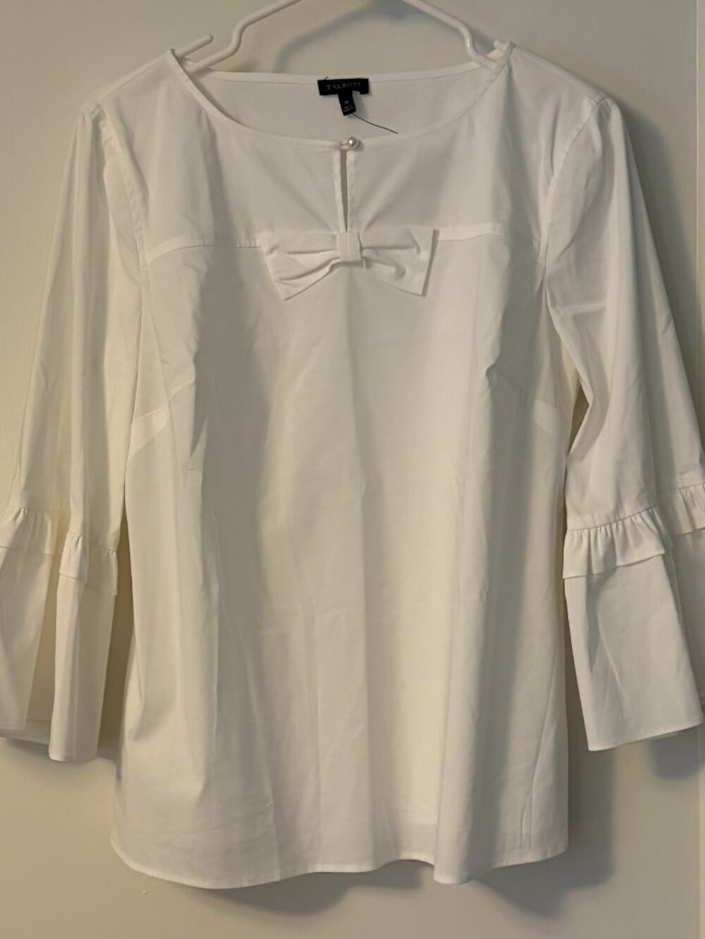Talbots white bell sleeve blouse NWT size medium bow and pearl detail feminine